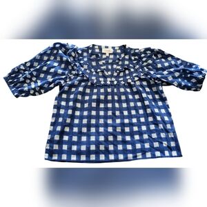 Cleobella Painterly Gingham Blue Puff Sleeve Split Neck Millie Blouse Top Small